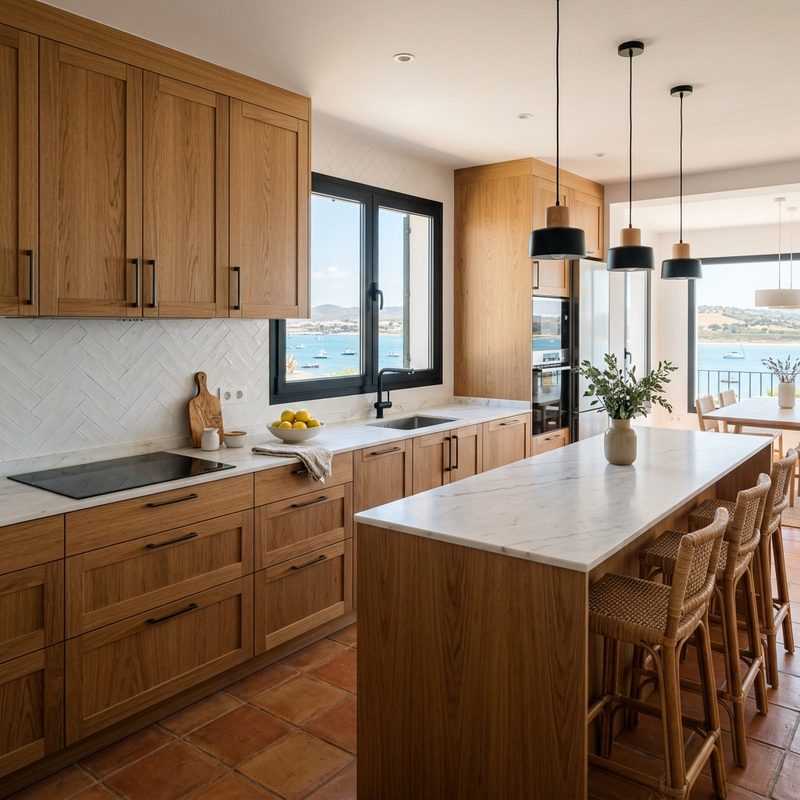 Cocina de roble a medida con isla y encimera blanca