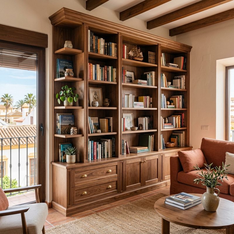 Librería de madera a medida con cajones en un salón