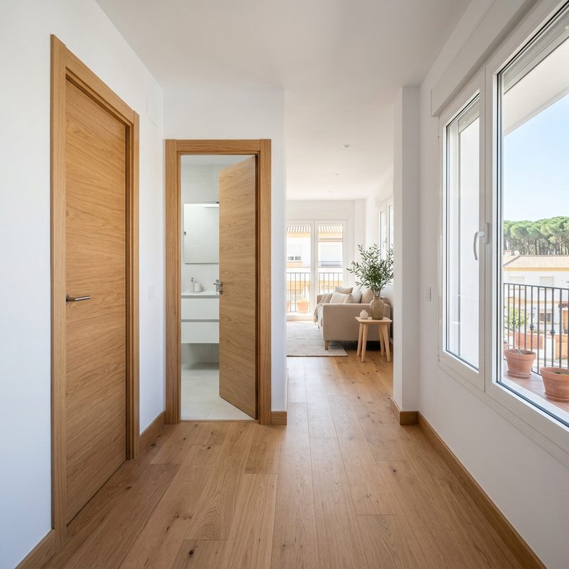 Pasillo reformado con puertas de roble y suelo de madera